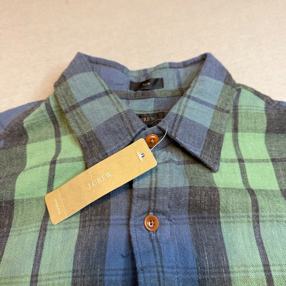 J.Crew Mens Slim Fit Flannel Shirt Green Blue Plaid Cotton F3369 XS NWT